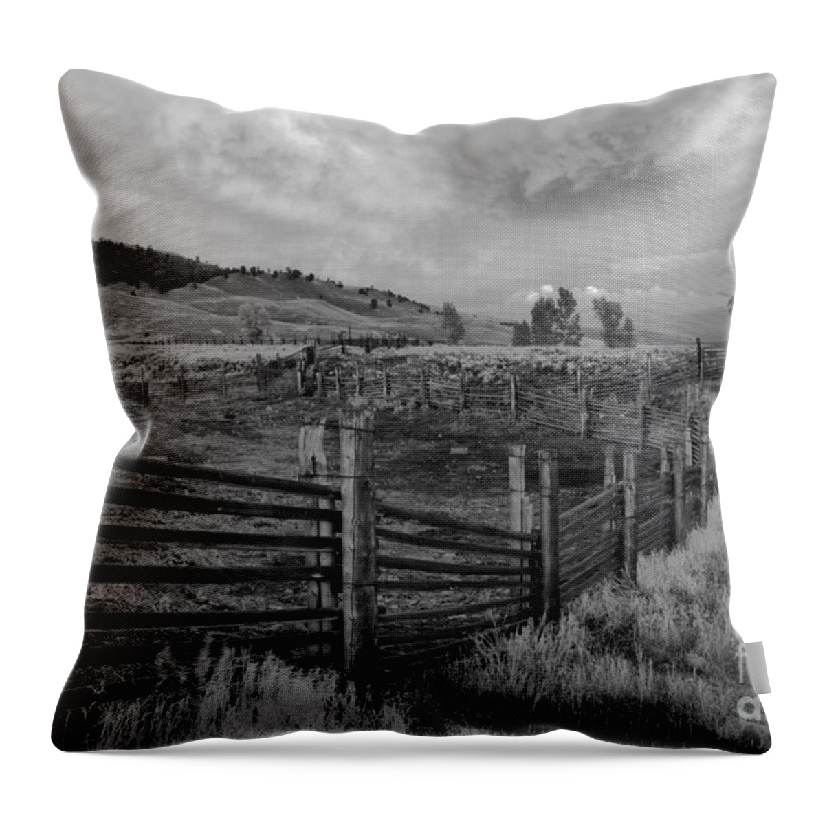  Throw Pillow featuring the photograph Yellowstone Lamar Ranch Sunset Black And White by Adam Jewell
