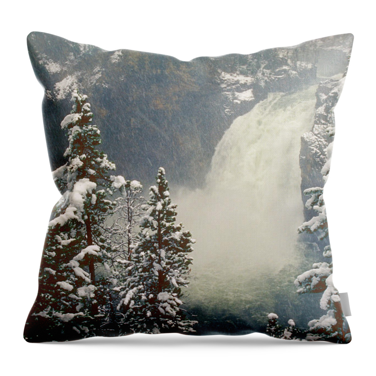 Waterfall Throw Pillow featuring the photograph Yellowstone Upper Falls Snowstorm by John Burk
