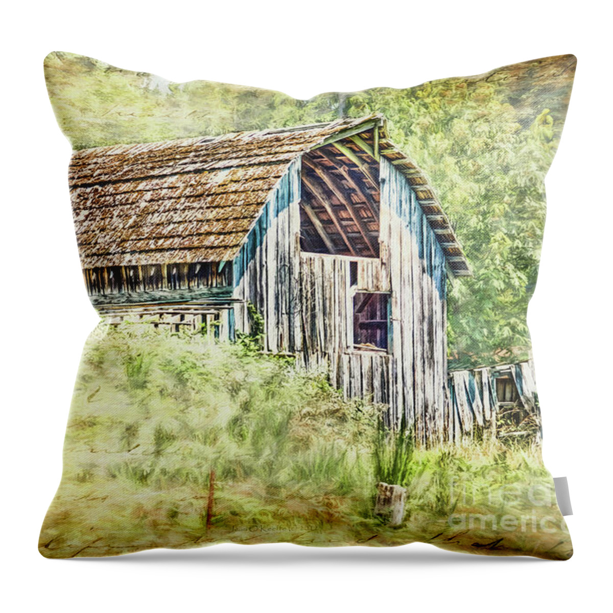 Country Throw Pillow featuring the digital art Yesteryear Barn by Jean OKeeffe Macro Abundance Art