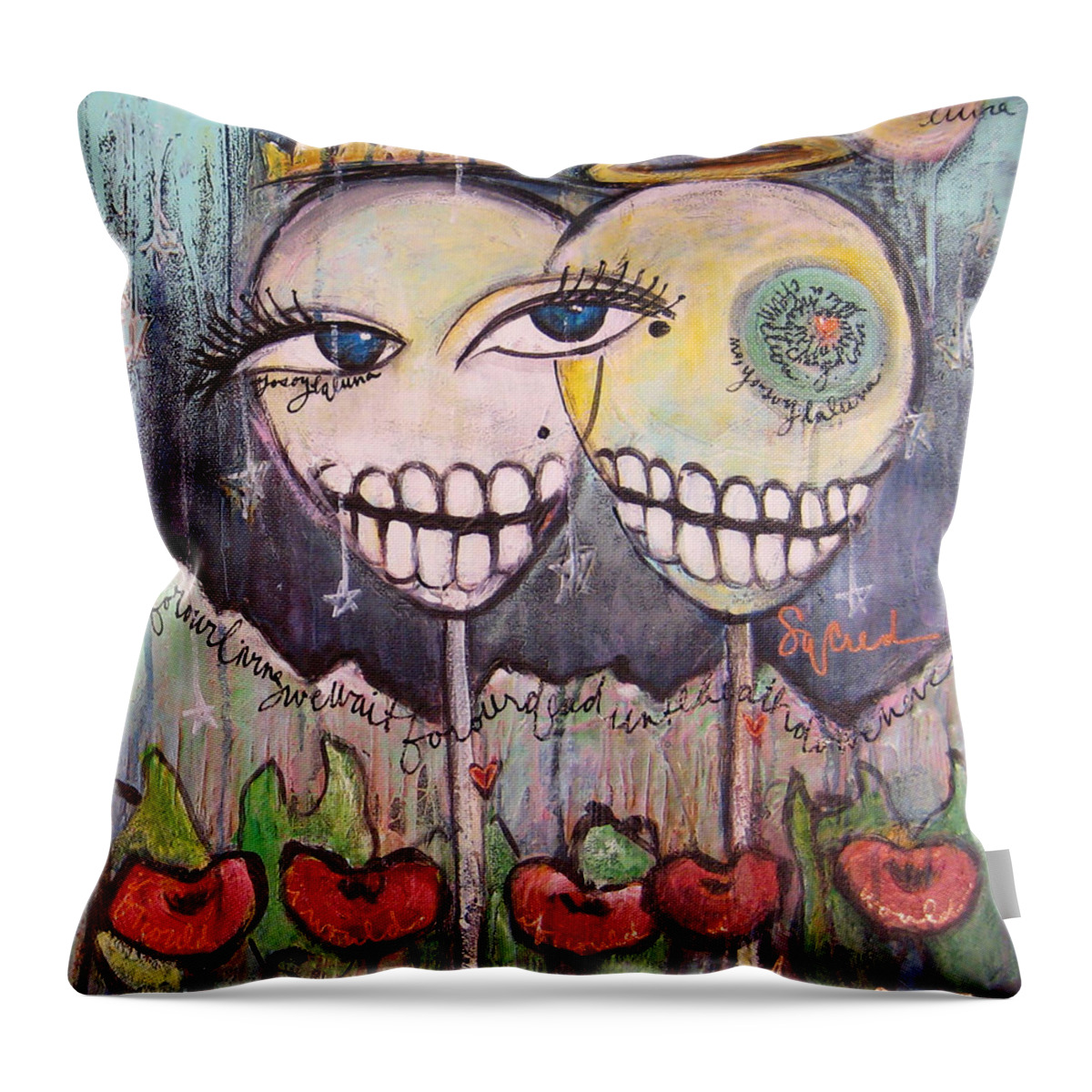 Skull Heads Throw Pillow featuring the painting Yo Soy La Luna by Laurie Maves ART