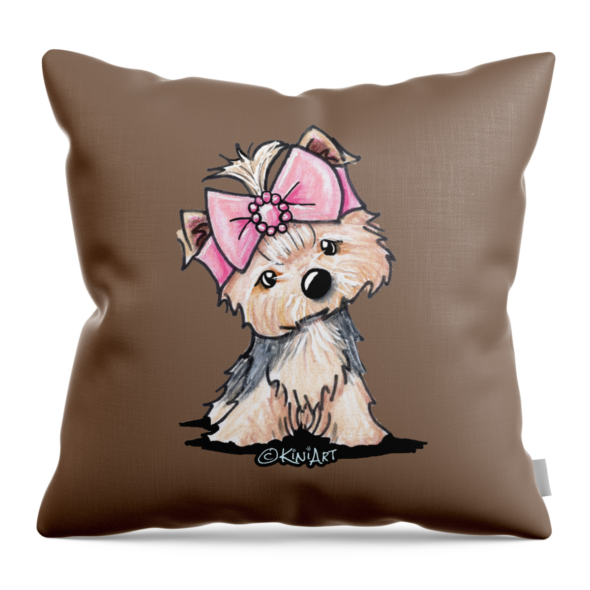 Yorkie Throw Pillow featuring the drawing Yorkie In Bow by Kim Niles aka KiniArt