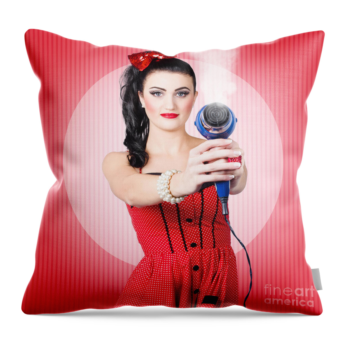 Hair Throw Pillow featuring the photograph Young beautiful girl with hairdryer. Hair care by Jorgo Photography