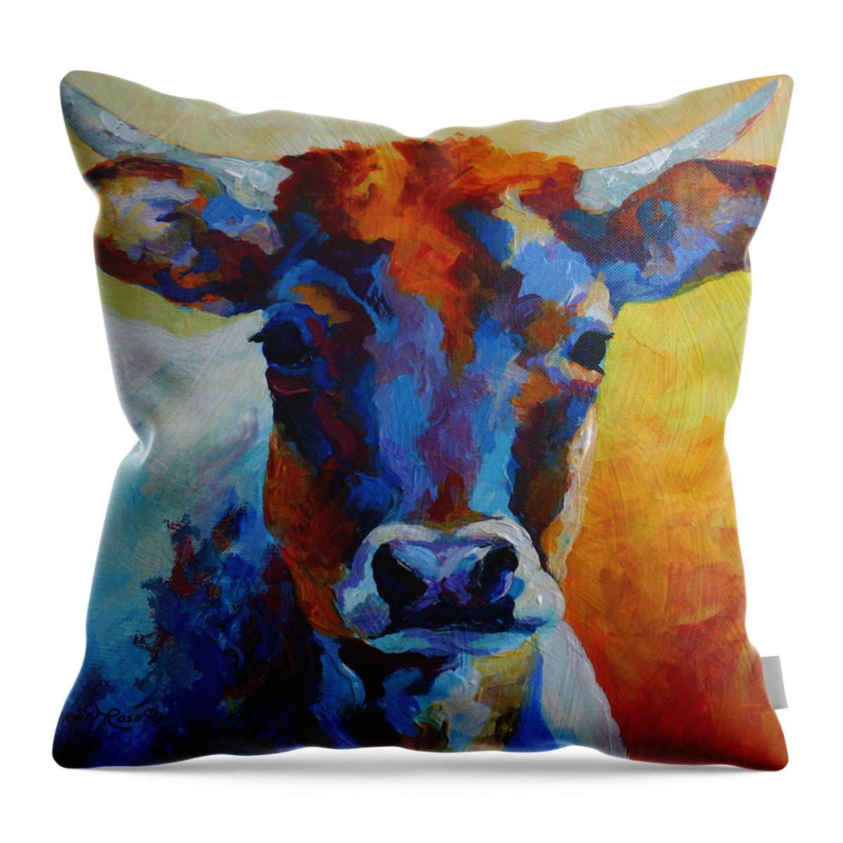 Western Throw Pillow featuring the painting Young Blood - Longhorn by Marion Rose