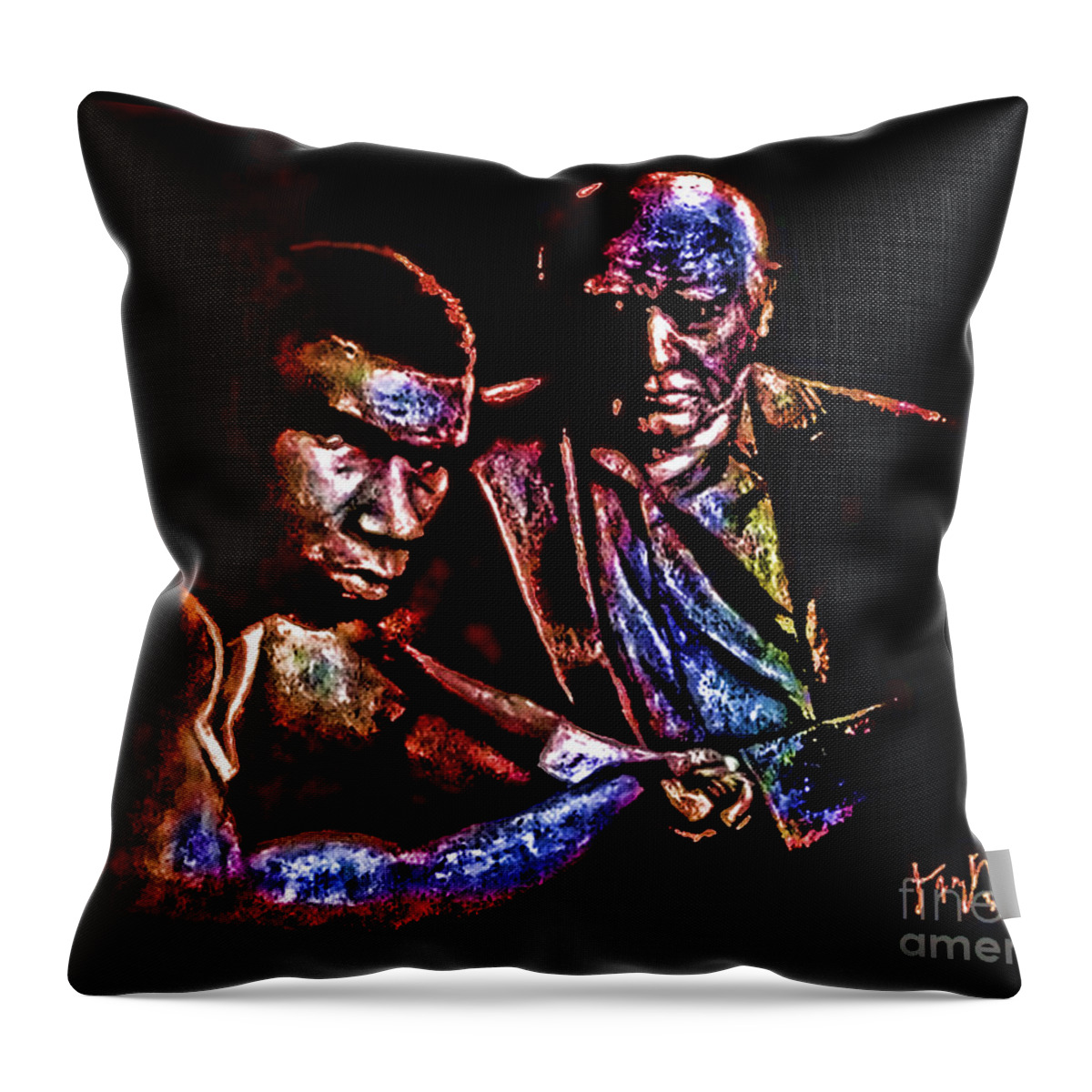 Young Boxer Throw Pillow featuring the drawing Young Boxer And Soon To Be World Champion Mike Tyson and Trainer Cus Damato II by Jim Fitzpatrick