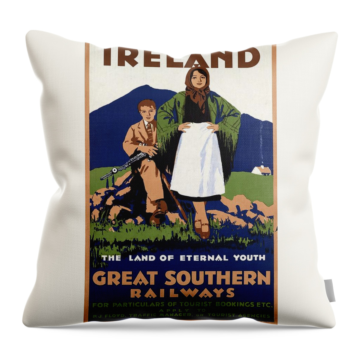 Ireland Throw Pillow featuring the painting Young Irish girl and boy on a meadow - Countryside - Vintage Travel Poster by Studio Grafiikka