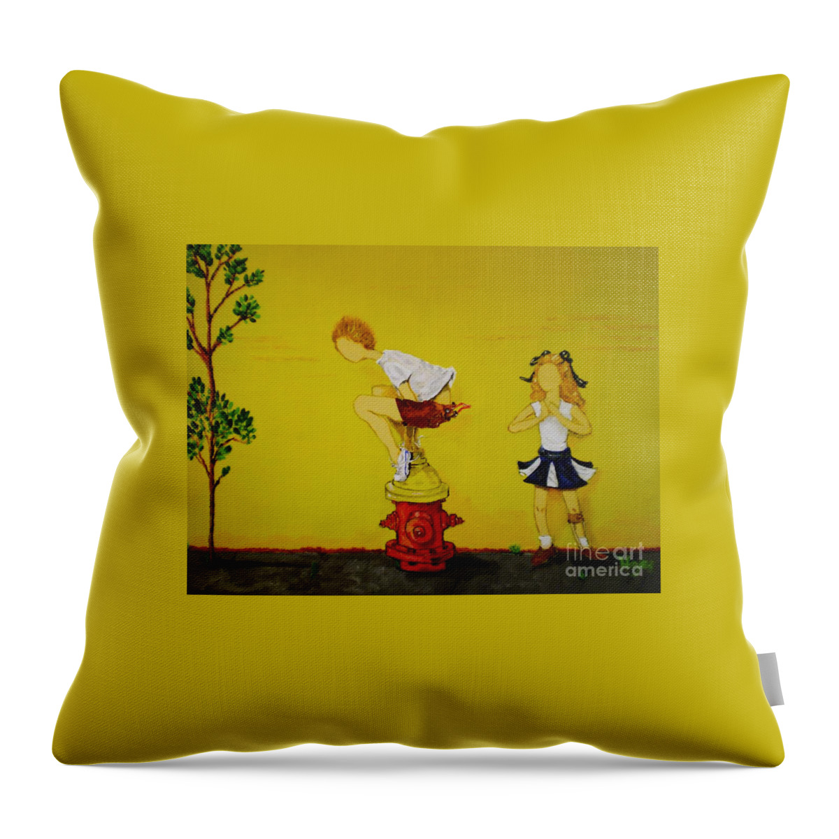 Children Throw Pillow featuring the painting Young Love Series - The Fire Plug by Barbara Hayes