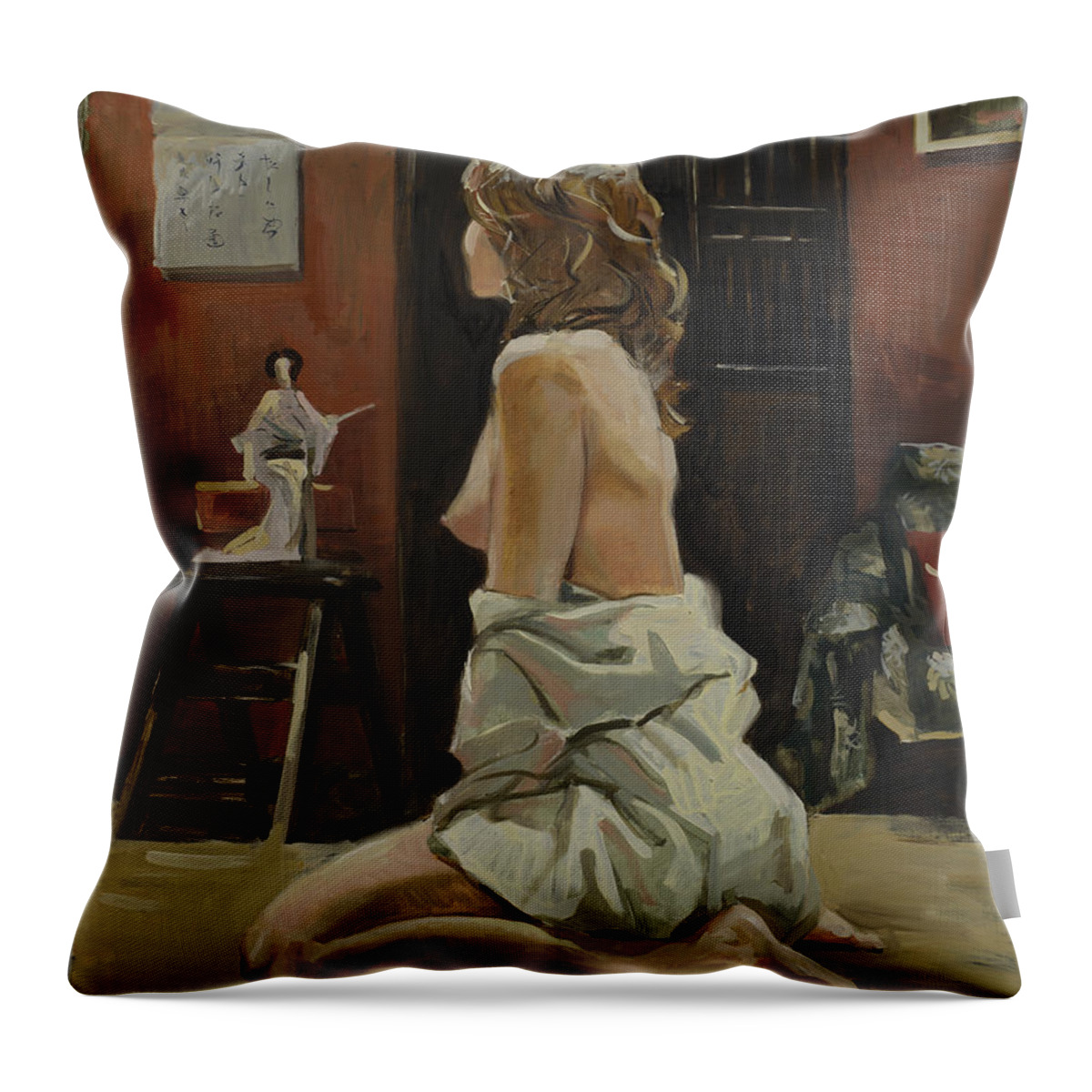 Russian Artists New Wave Throw Pillow featuring the painting Young Woman Dressed in Male Shirt by Igor Sakurov