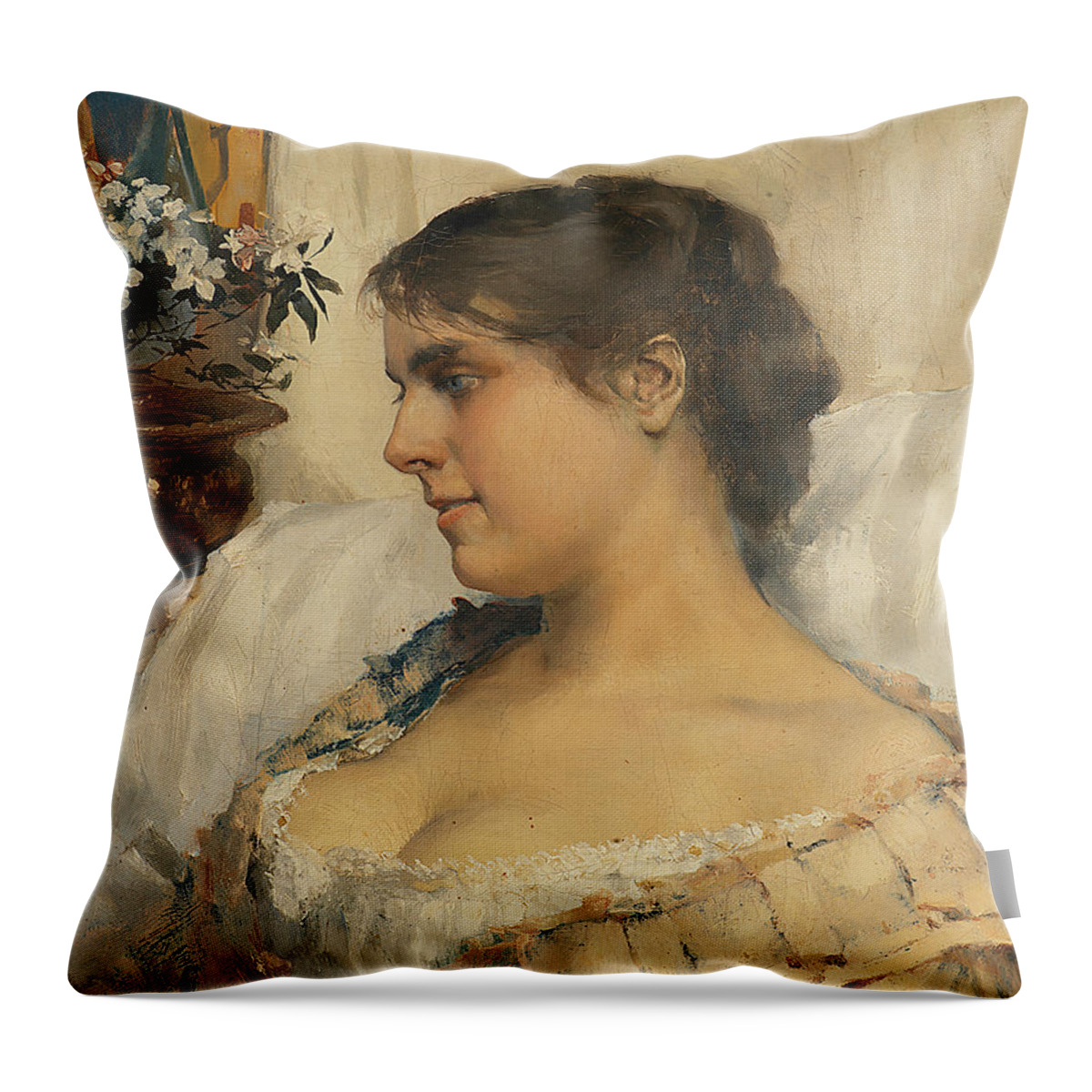 19th Century Art Throw Pillow featuring the painting Young Woman in Her Boudoir by Albert Edelfelt