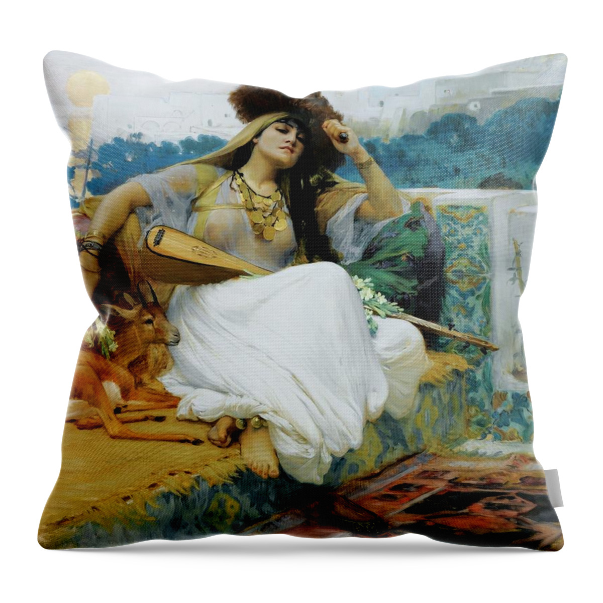 Frederick-arthur Bridgman ; Young Woman On A Terrace Throw Pillow featuring the painting Young Woman On A Terrace by Frederick