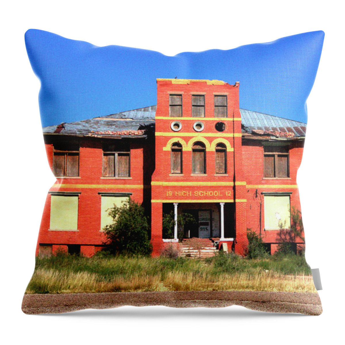 Toyah Throw Pillow featuring the photograph Yoyah School House by Dorothy Cunningham