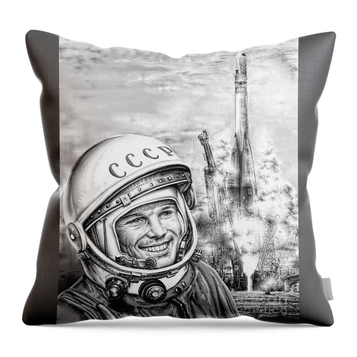 Yuri Gagarin Throw Pillow featuring the digital art Yuri Gagarin - Cosmonaut 1961 by Ian Gledhill