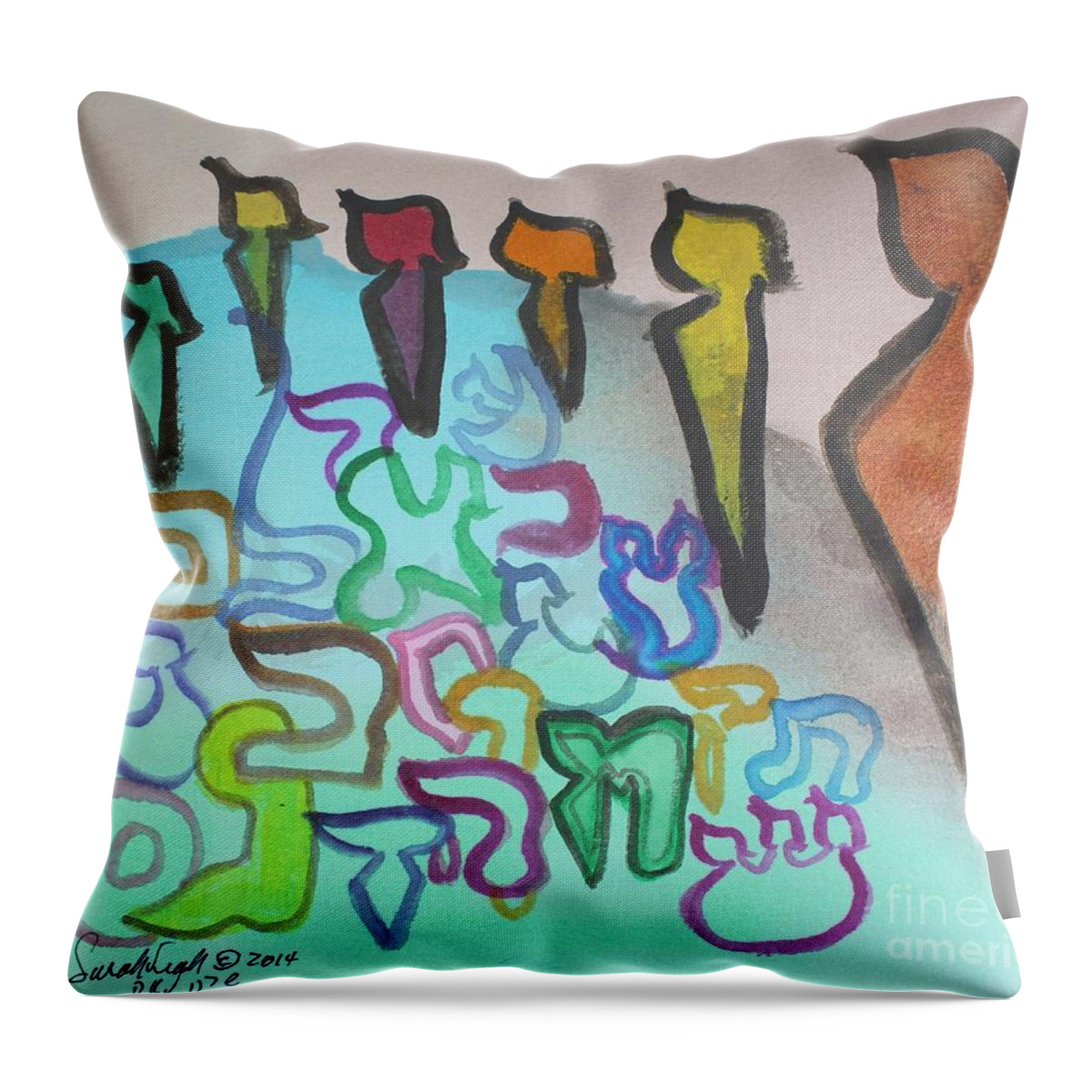 Zayin Throw Pillow featuring the painting Zayin, protecting the tribe ab24 by Hebrewletters SL