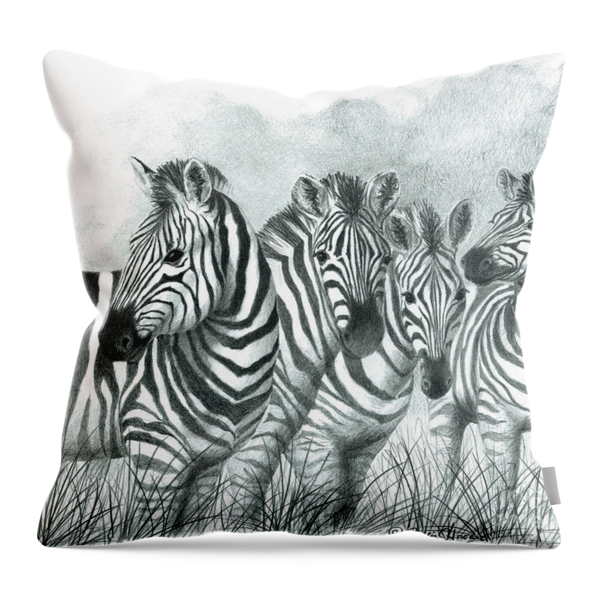 Zebras Throw Pillow featuring the drawing Zebra Quartet by Phyllis Howard