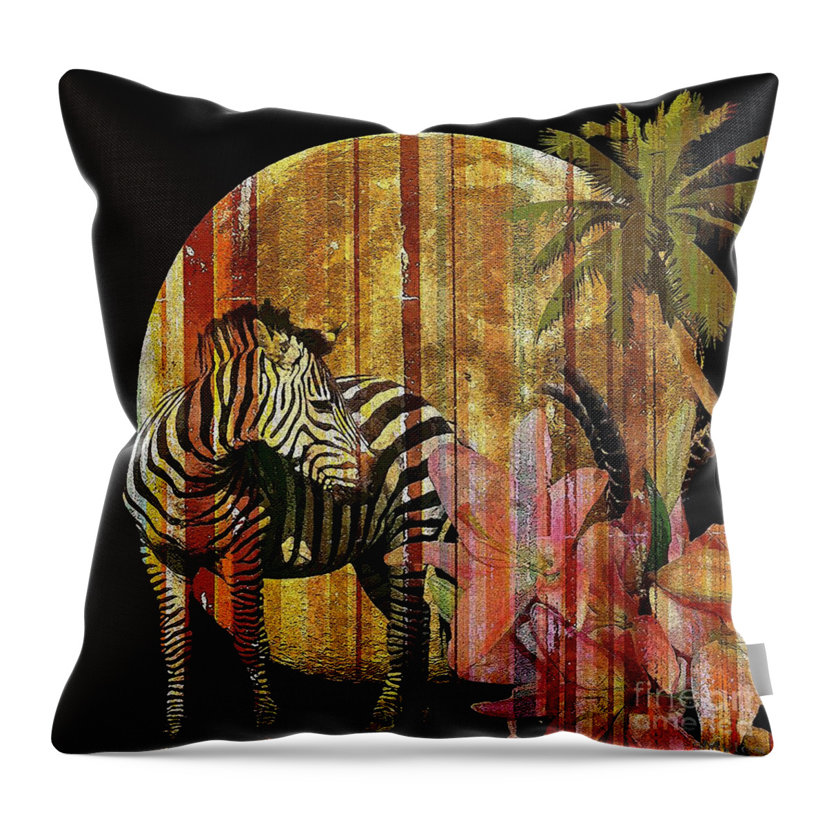 Zebra Throw Pillow featuring the painting Zebras Lilies and Moonlight by Saundra Myles