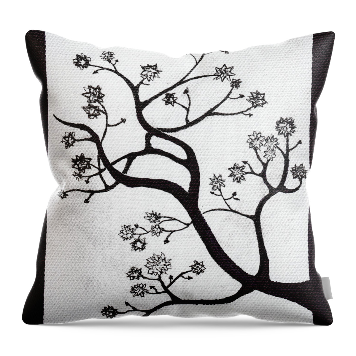 Abstract Throw Pillow featuring the drawing Zen Sumi Bush Black Ink on White Canvas by Ricardos by Ricardos Creations