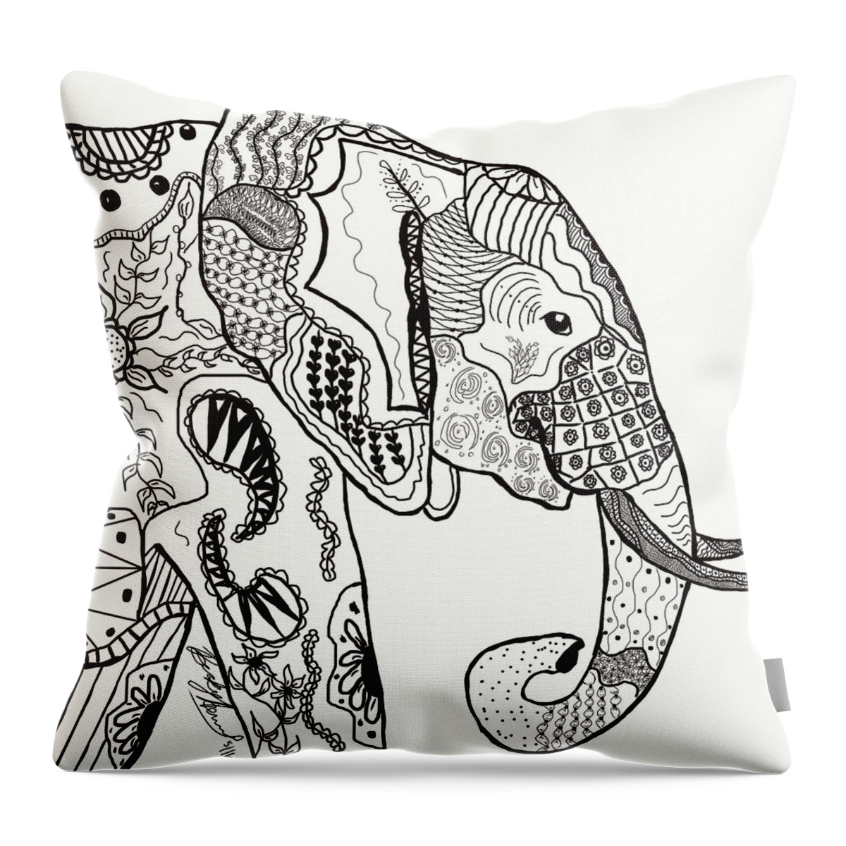 Zentangle Throw Pillow featuring the drawing Zentangle Elephant by Becky Herrera