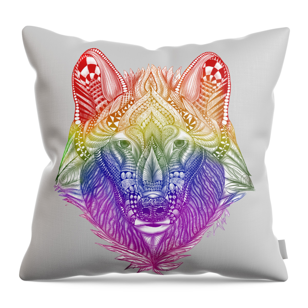 Zentangle Throw Pillow featuring the painting Zentangle Inspired Art- Rainbow Wolf by Becky Herrera