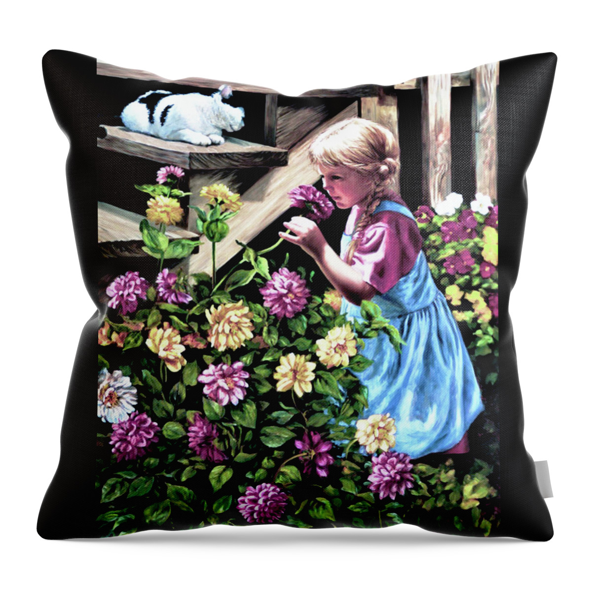 Zinnias Throw Pillow featuring the painting Zinnias and Elizabeth by Marie Witte