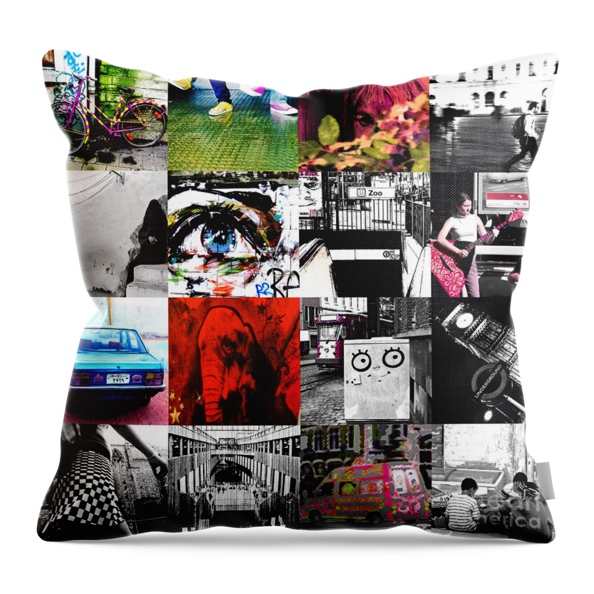 Collage Colage Collague Achtung Baby U2 Cover Portada Zoo Baby Album 16 4x4 Colours Europe World Elephant Car Arabian Train Station Throw Pillow featuring the photograph Zoobaby by Enrique Collado