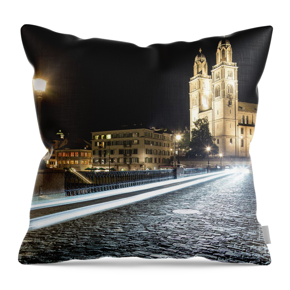Europe Throw Pillow featuring the photograph Zurich night rush in old town by Didier Marti