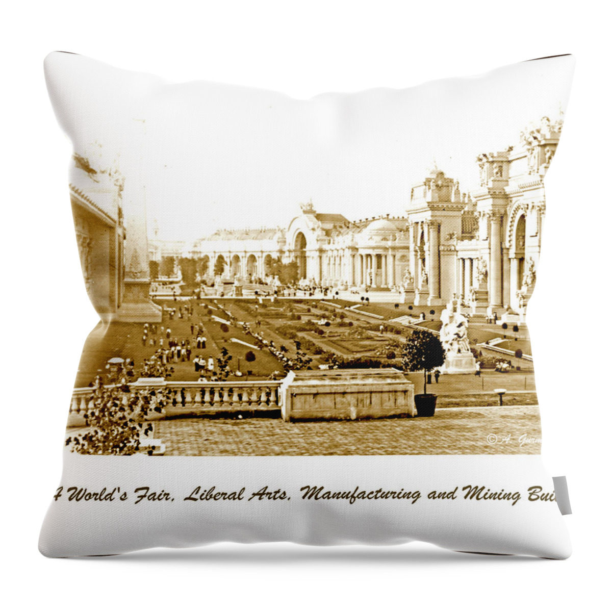 Liberal Arts Throw Pillow featuring the photograph 1904 World's Fair, Liberal Arts, Manufacturing and Mining Buildi by A Macarthur Gurmankin