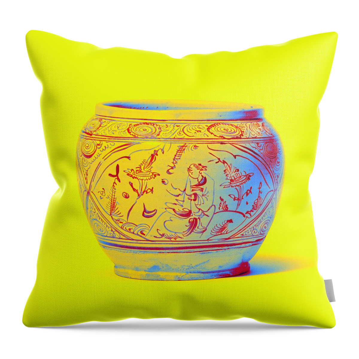 Pottery Throw Pillow featuring the painting A CIZHOU PAINTED FIGURAL JAR MING DYNASTY 1368-1644 Neon art by Ahmet Asar #1 by Celestial Images