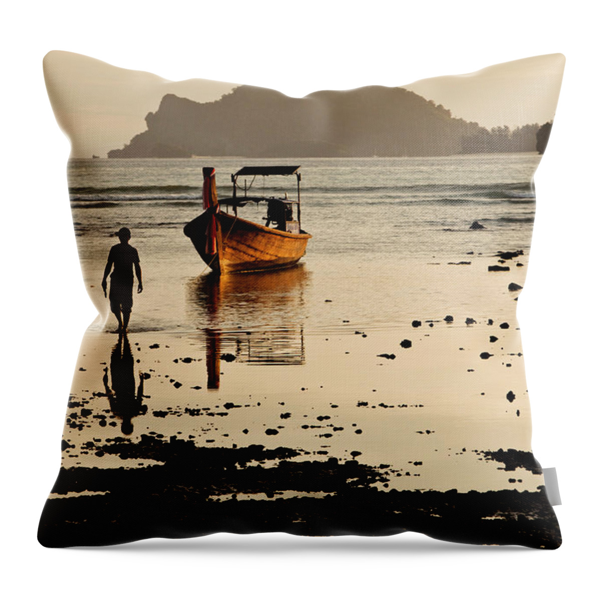 Scenics Throw Pillow featuring the photograph A Man Walking Away From His Longtail #1 by Patrick Orton