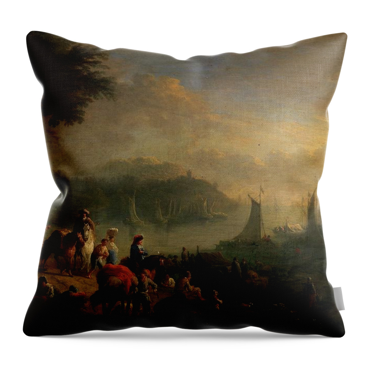 A Port Throw Pillow featuring the painting 'A Port', Second half 17th century - Early 18th century, Flemish Scho... #1 by Adriaen Frans Boudewyns -1644-1711-