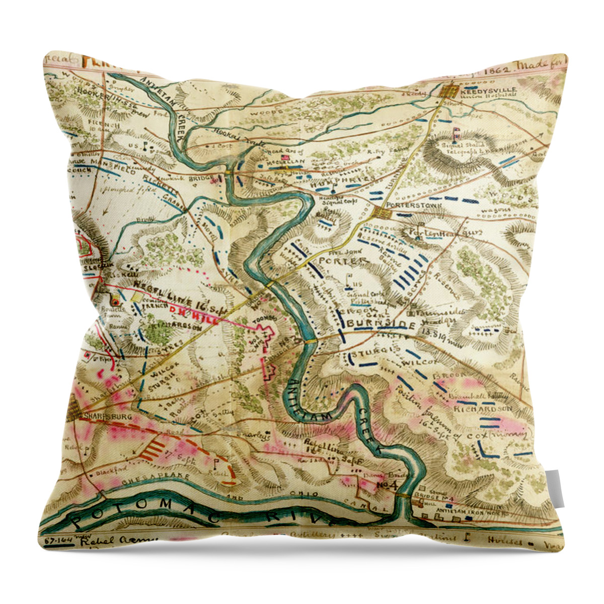 Map Throw Pillow featuring the painting Battle of Antietam Creek or Sharpsburg #1 by Robert Knox Sneden