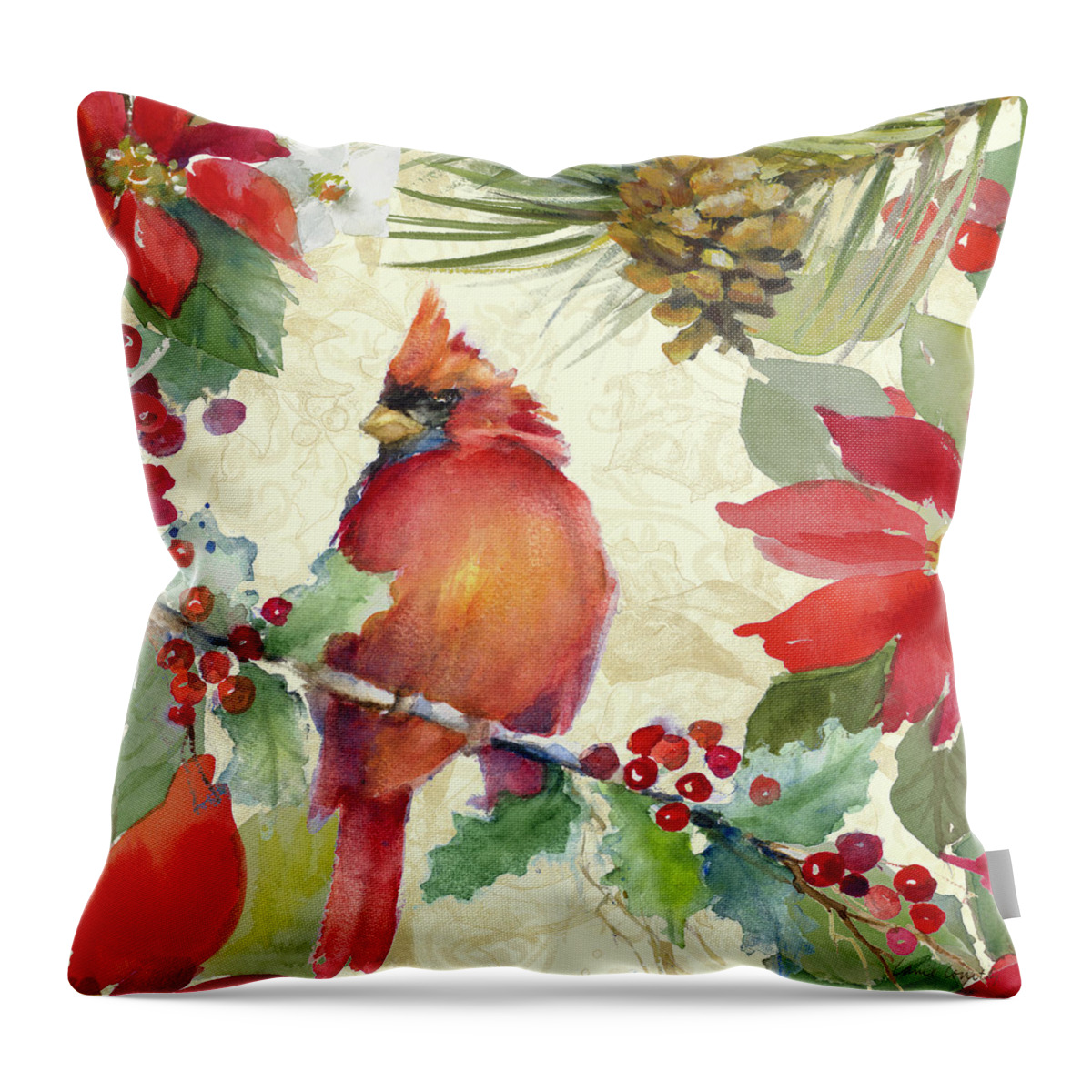 Cardinal Throw Pillow featuring the painting Cardinal And Pinecones II #1 by Lanie Loreth