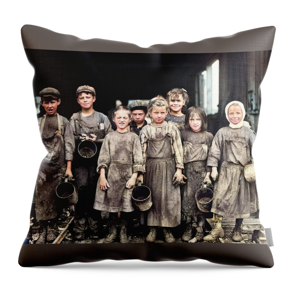Colorized Throw Pillow featuring the painting Child labor photo Young Children factory workers Industrial Revolution 1890 2 colorized by Ahmet Asa #1 by Celestial Images
