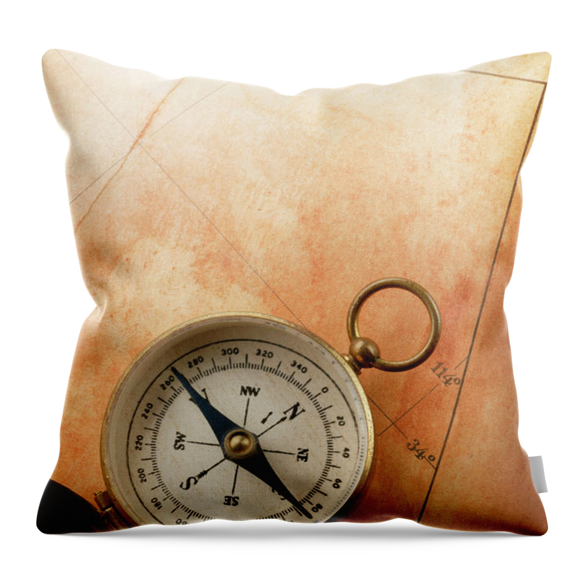 East Throw Pillow featuring the photograph Compass On Old Map #1 by Dny59