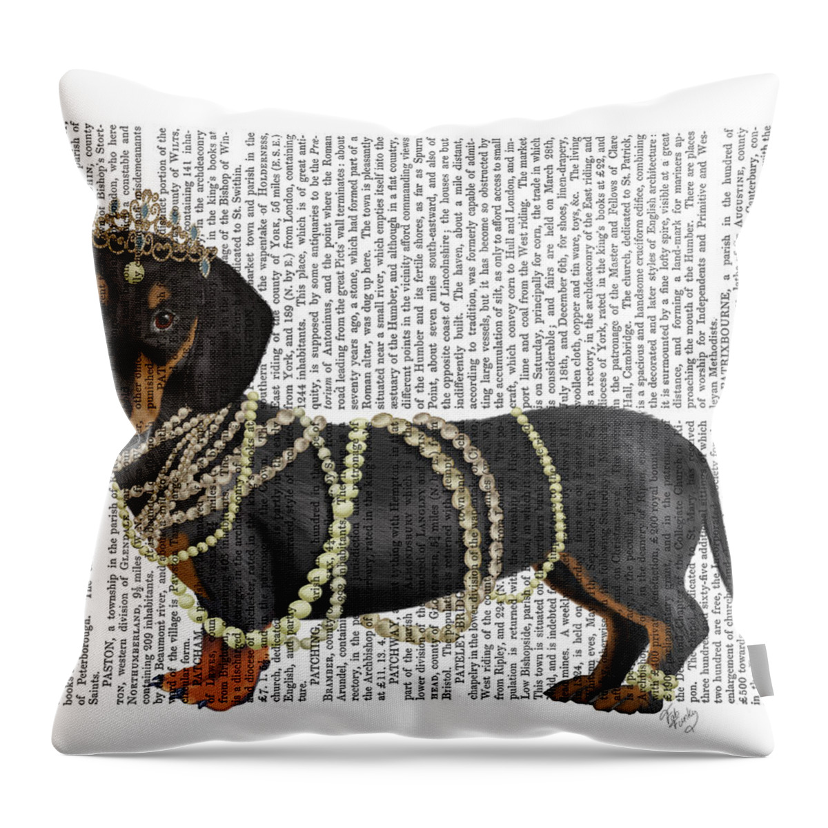 Steampunk Throw Pillow featuring the painting Dachshund And Pearls #1 by Fab Funky