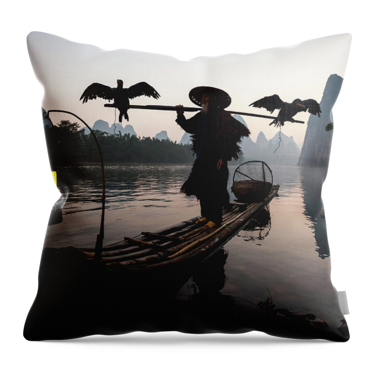 Chinese Culture Throw Pillow featuring the photograph Fisherman With Cormorants On Li River #1 by Matteo Colombo