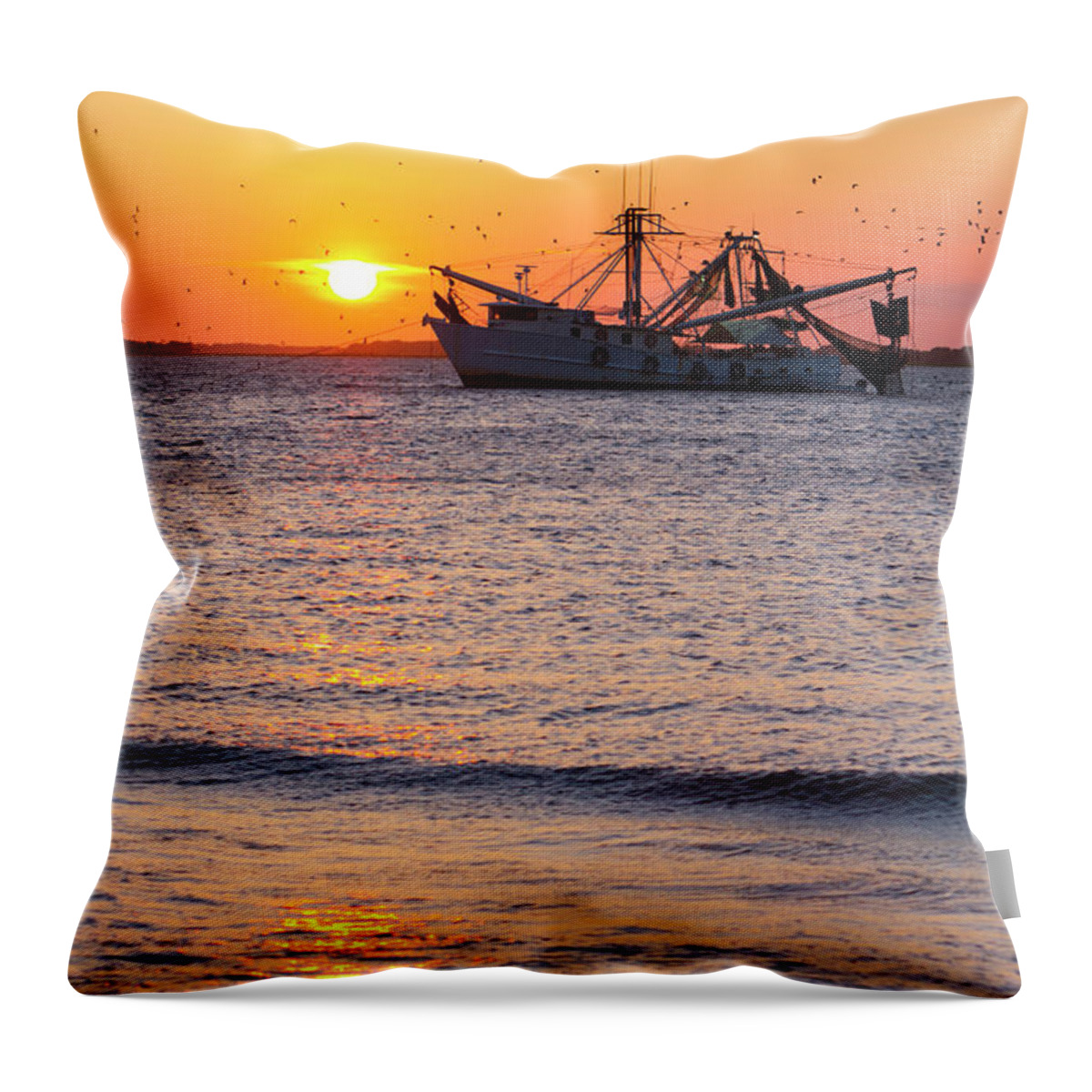 Water's Edge Throw Pillow featuring the photograph Fishing Boat At Sunset #1 by Tshortell