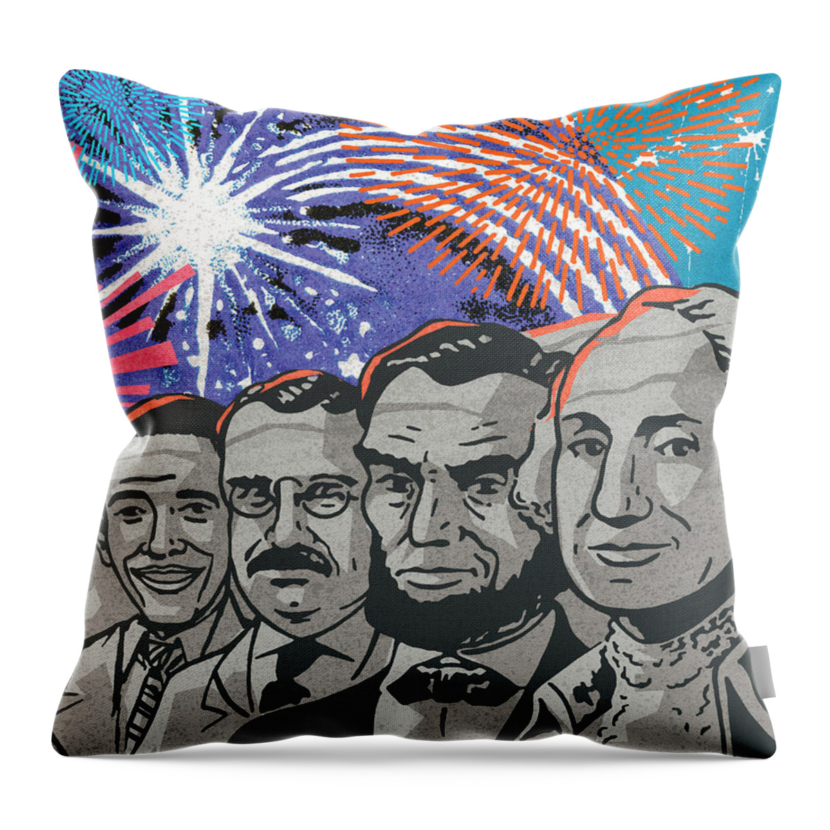4th Of July Throw Pillow featuring the drawing Four Presidents and Fireworks #1 by CSA Images