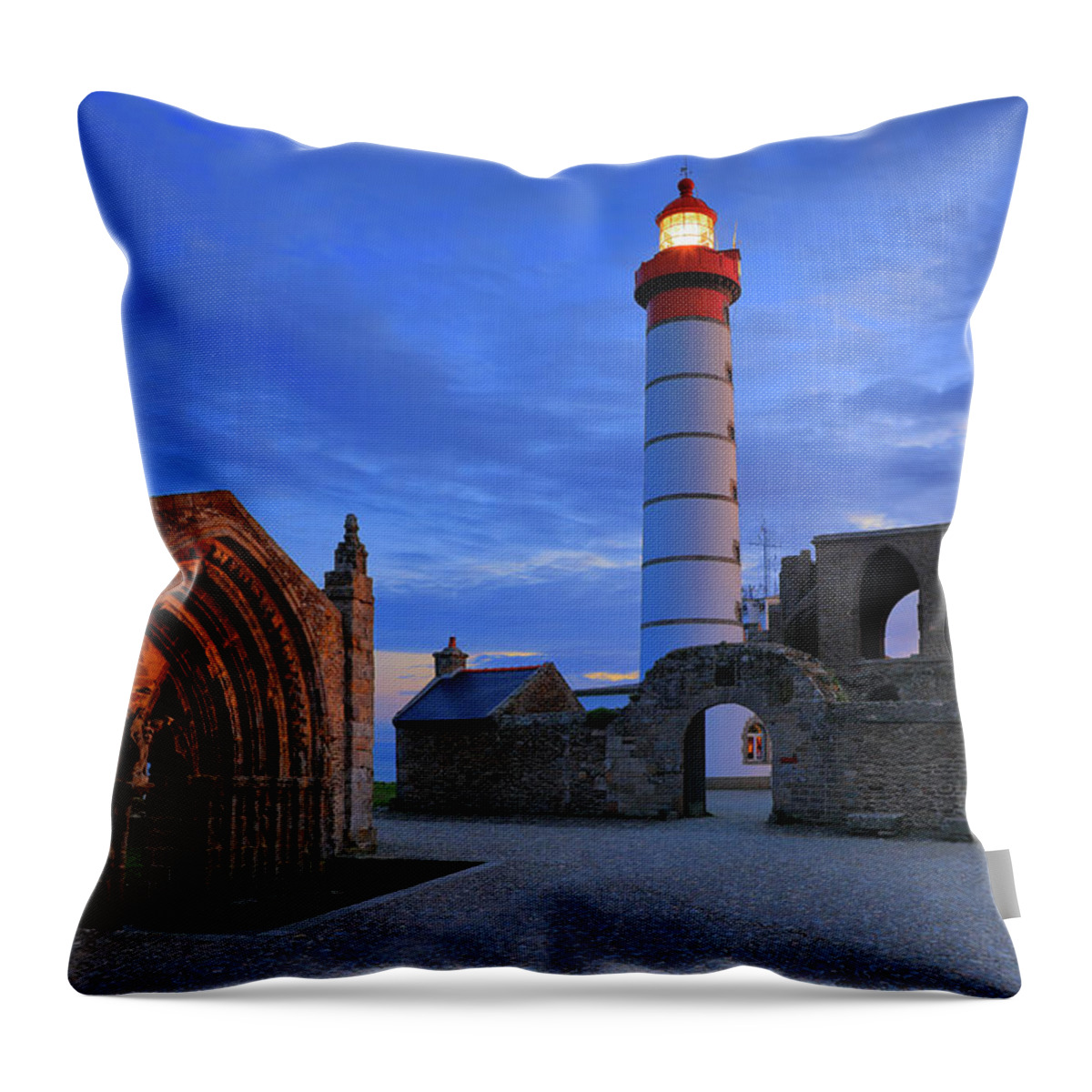 Estock Throw Pillow featuring the digital art France, Brittany, Atlantic Ocean, Finistere, Coast, Brest, View Of The Pointe De Saint Mathieu Lighthouse And The Abbey Ruins, Located Near Le Conquet Village On The Brest Harbor #1 by Riccardo Spila