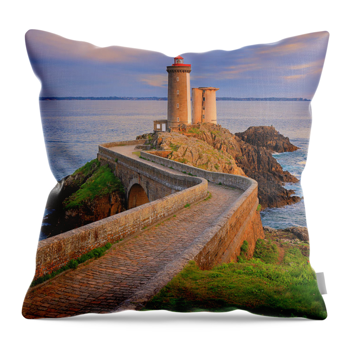 Estock Throw Pillow featuring the digital art France, Brittany, Atlantic Ocean, Finistere, Plouzane, View Of Petit Minou Lighthouse, Located Along The Brest Harbor, In The Warm Light Of Sunset #1 by Riccardo Spila