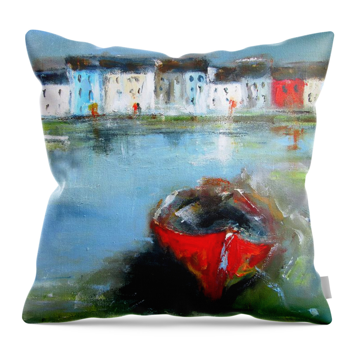 Galway Throw Pillow featuring the painting Galway City Ireland Semi Abstract Paintings #1 by Mary Cahalan Lee - aka PIXI