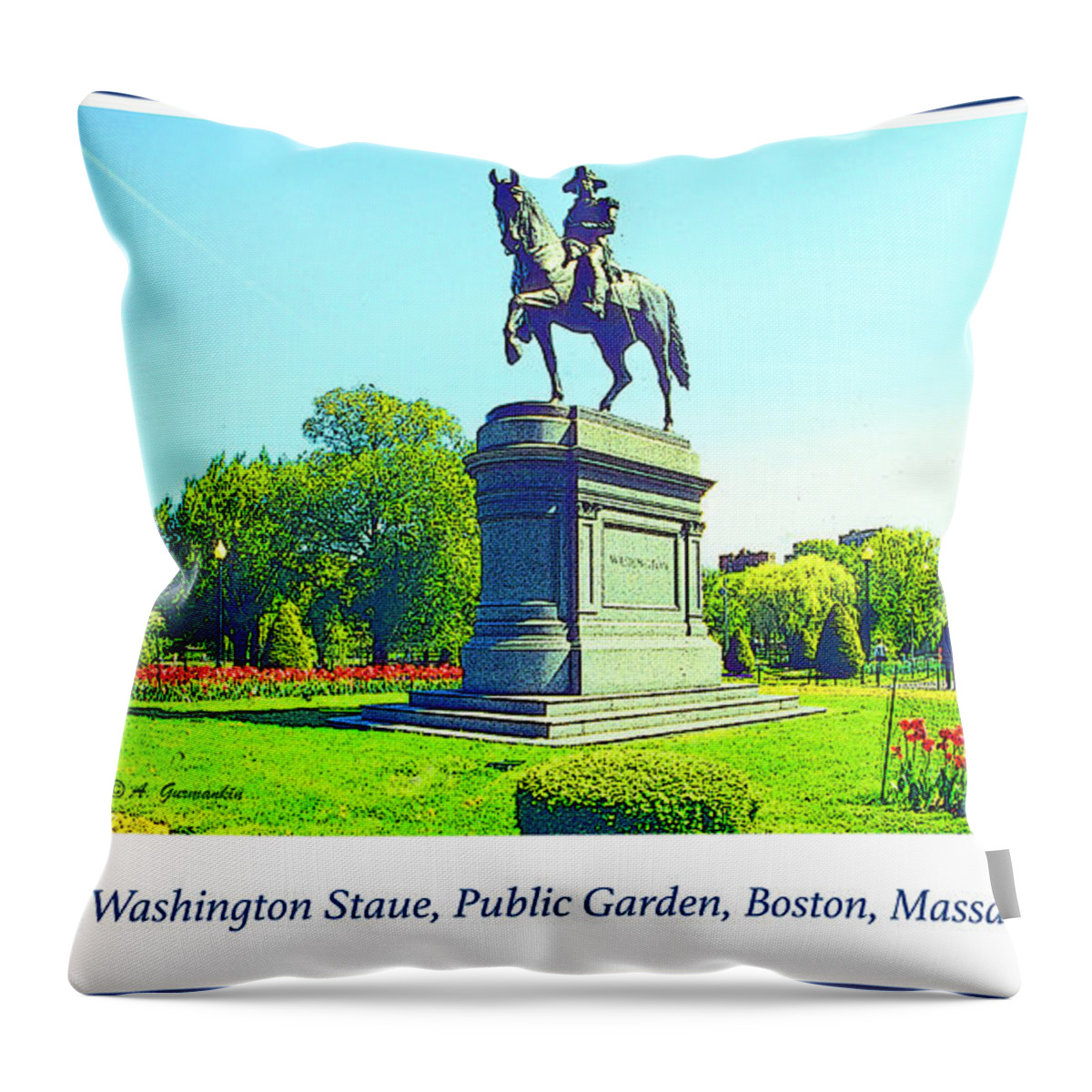 Color Throw Pillow featuring the digital art George Washington Staue, Public Garden, Boston, Massachusetts #1 by A Macarthur Gurmankin