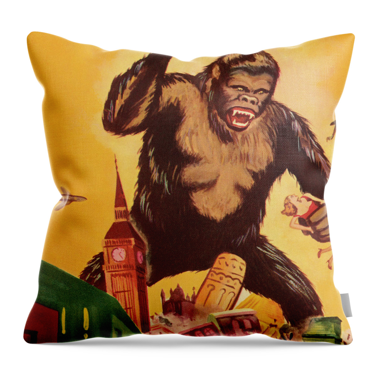 Afraid Throw Pillow featuring the drawing Giant Gorilla Destroying a City #1 by CSA Images