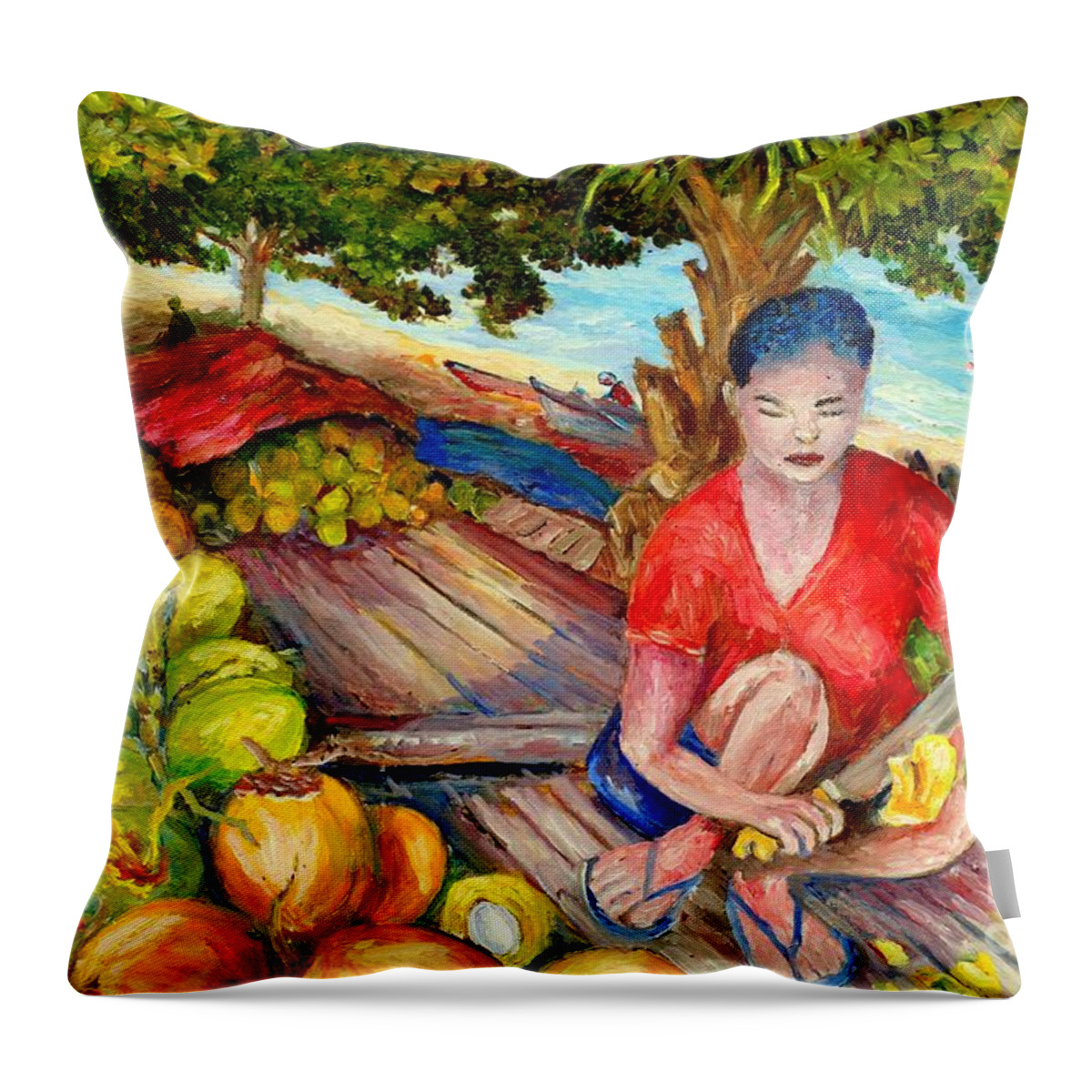Beach Throw Pillow featuring the painting Green Coconut Cafe. #2 by Jason Sentuf