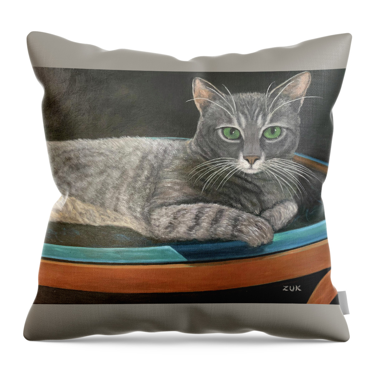 Karen Zuk Rosenblatt Art And Photography Throw Pillow featuring the painting Grey Tabby Cat by Karen Zuk Rosenblatt
