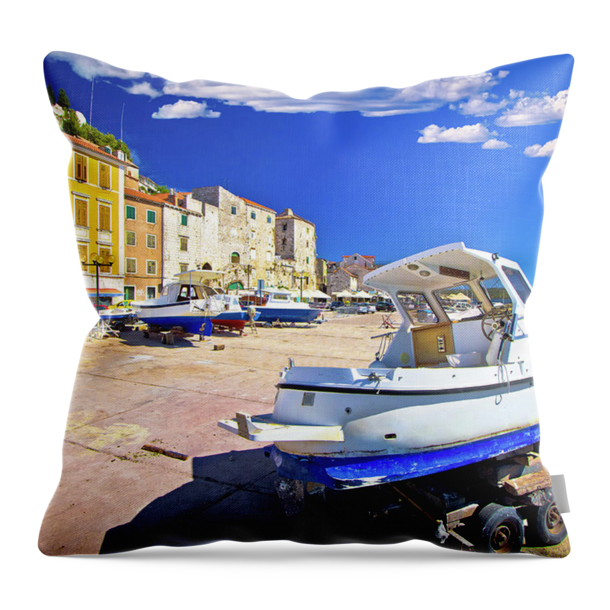 Sibenik Throw Pillow featuring the photograph Historic UNESCO town of Sibenik old harbor and waterfront view #1 by Brch Photography