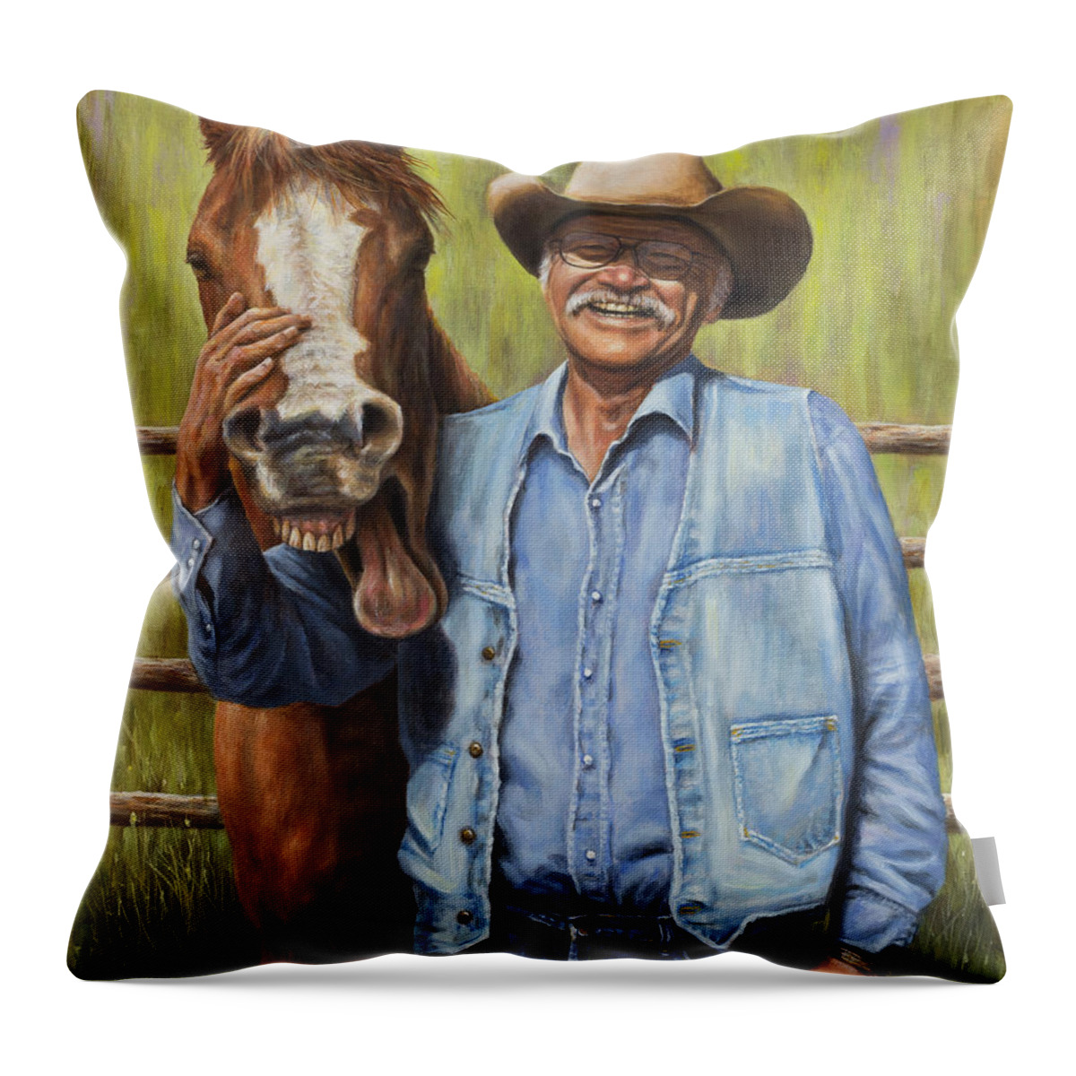 Cowboy Throw Pillow featuring the painting Horsin' Around by Kim Lockman