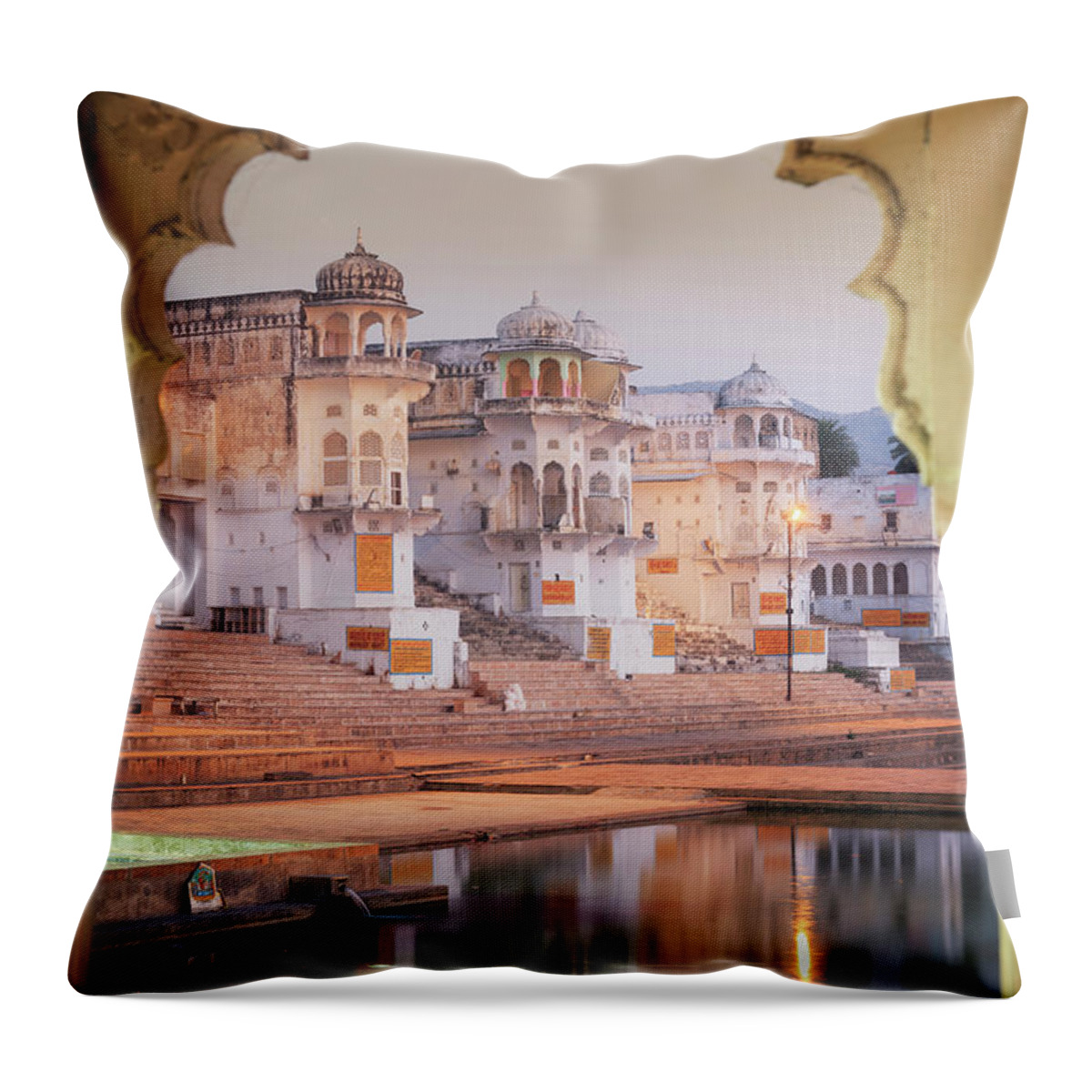 Arch Throw Pillow featuring the photograph India, Pushkar, Bathing Ghats #1 by Michele Falzone