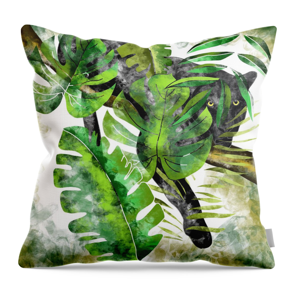 Jaguar Throw Pillow featuring the painting Jaguar The black hunter in the jungle #2 by Patricia Piotrak