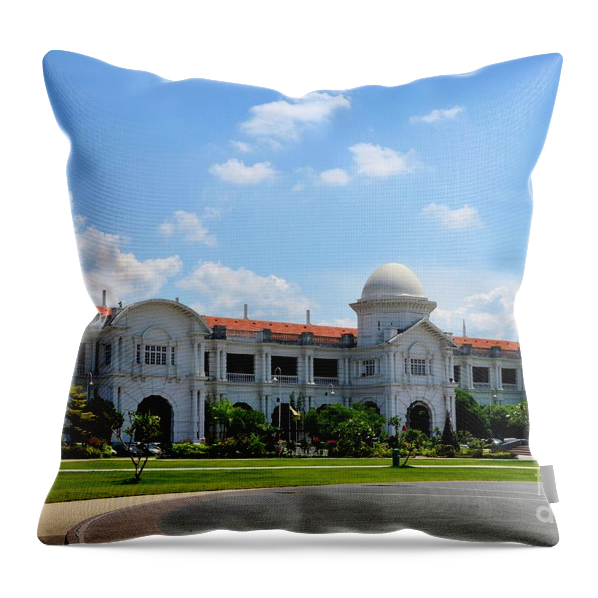 Architecture Throw Pillow featuring the photograph KTM railway colonial train station building with gardens Ipoh Malaysia #2 by Imran Ahmed