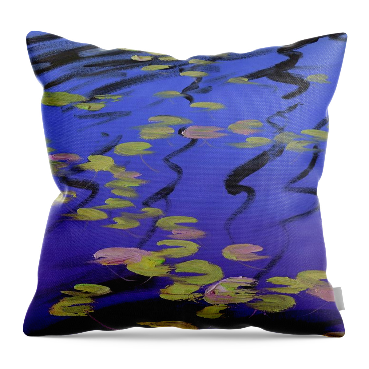 Lilies Throw Pillow featuring the painting Lilies on blue water #1 by Graham Gercken