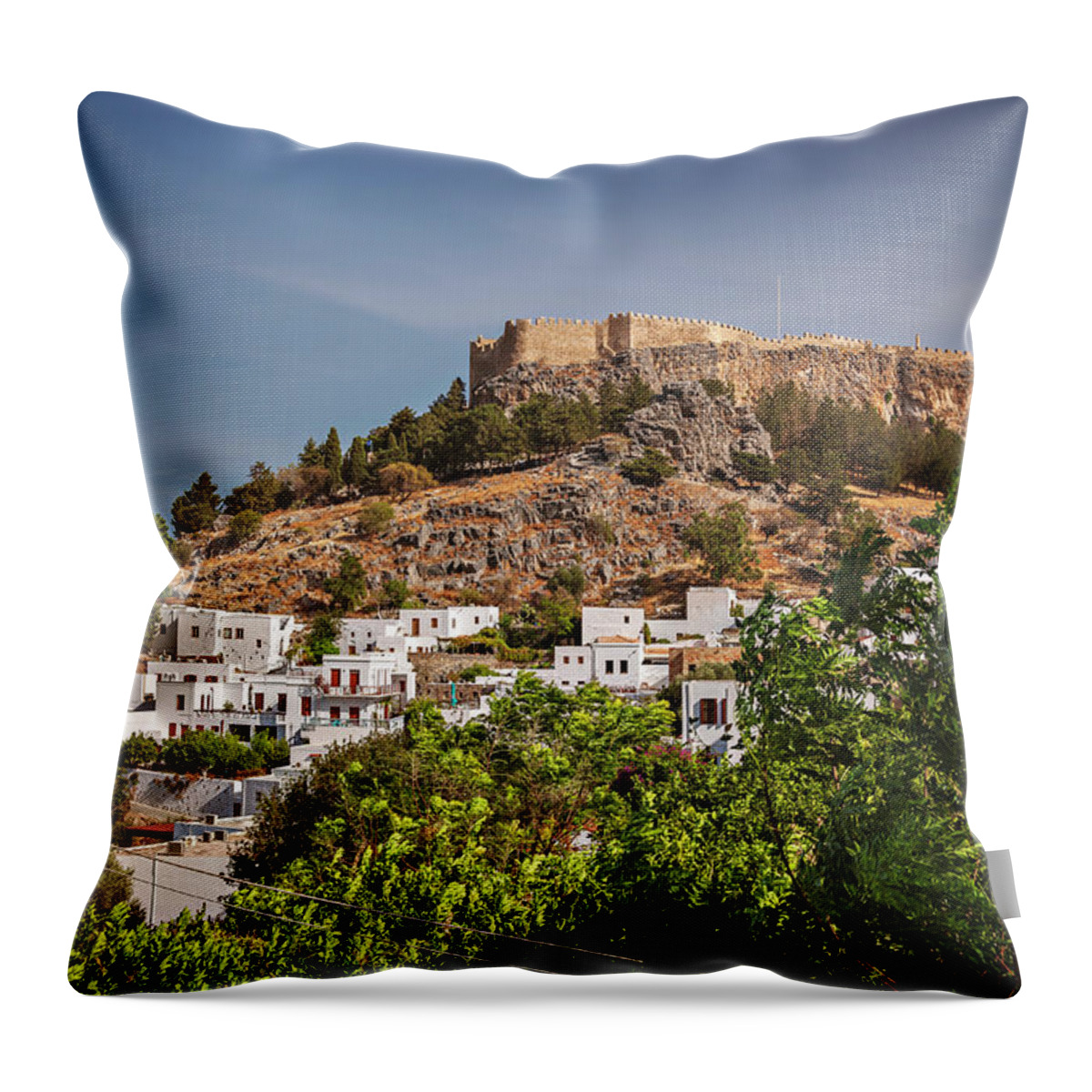 Hill Throw Pillow featuring the photograph Lindos village Rhodes #1 by Sophie McAulay